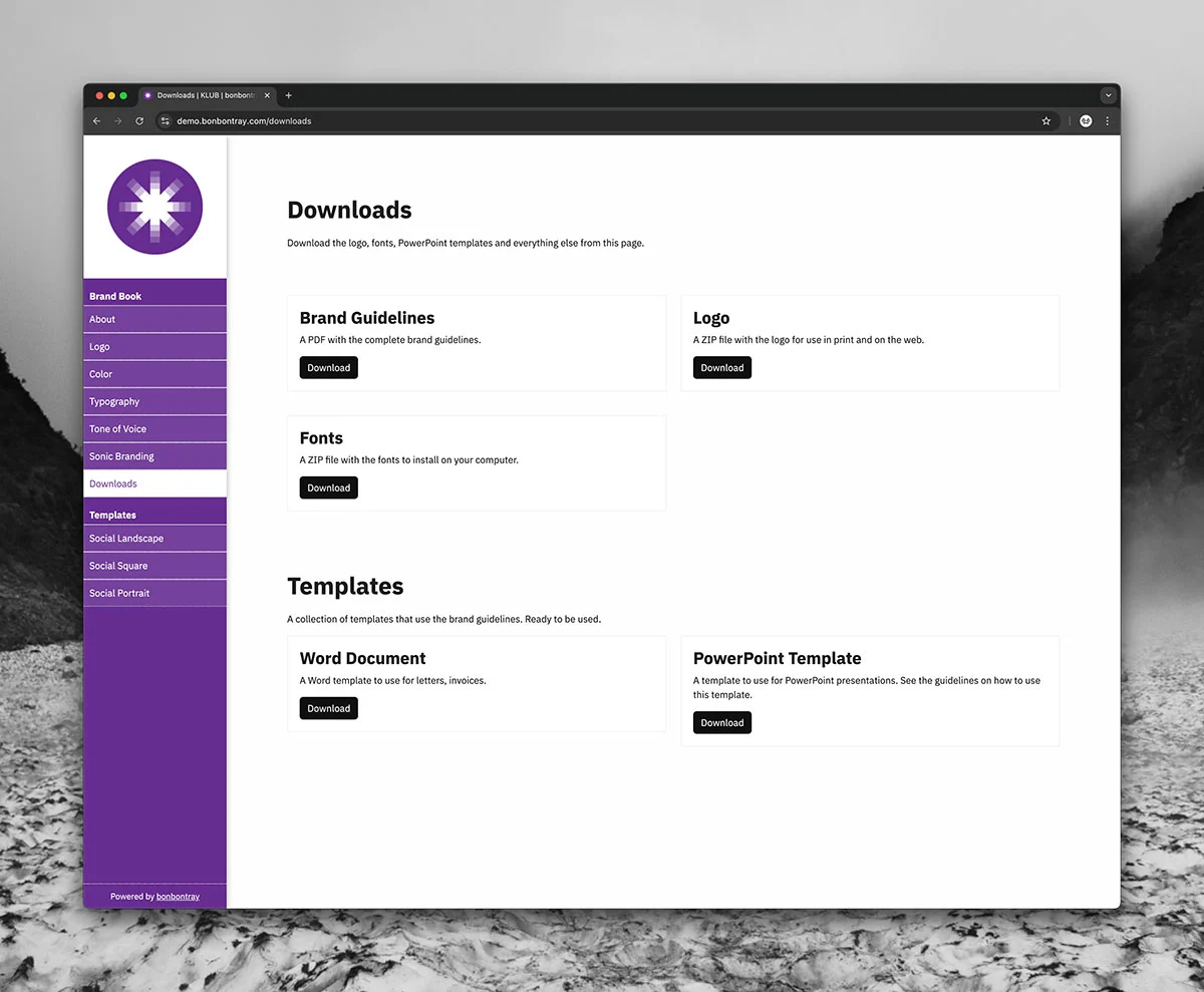 A screenshot of bonbontray showing the downloads page of the brand book.
