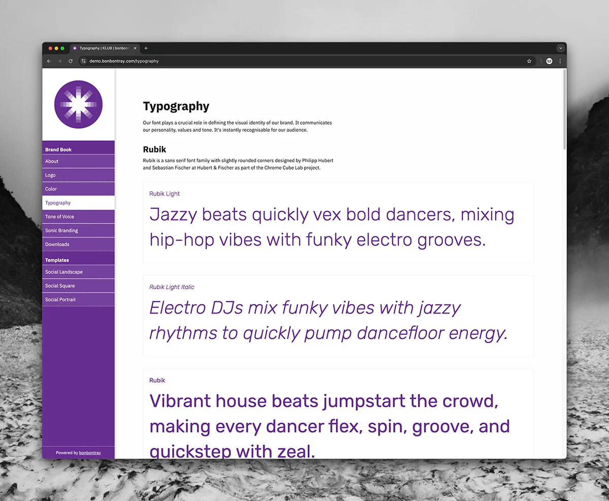 A screenshot of bonbontray showing the typography page of the brand book.