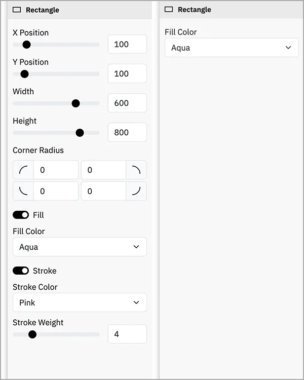 On the left we see all parameters of a rectangle layer. On the right we see the rectangle layer showing the fill color dropdown, all other parameters are hidden.